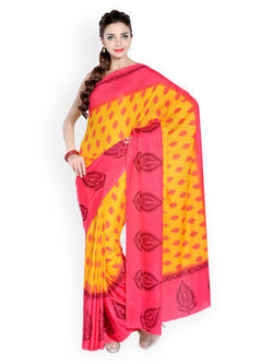 Anvika Yellow & Pink Crepe Printed Saree