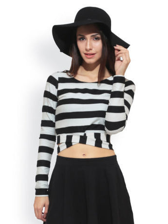 FabAlley Women Black & White Striped Crop Top