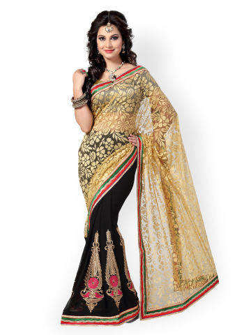 Ishin Black & Cream-Coloured Brasso & Georgette Fashion Saree