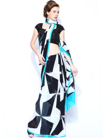 Satya Paul Black & White Georgette Printed Saree